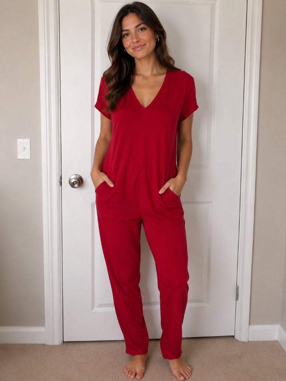 Smash + Tess Red Short-Sleeve Jumpsuit